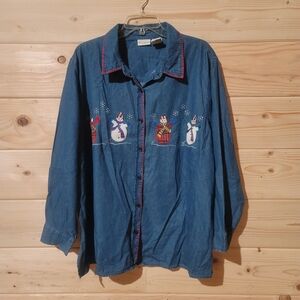 White Stag Vtg Christmas Holiday Denim Button Down Shirt Women's SIze 3X 28x29
